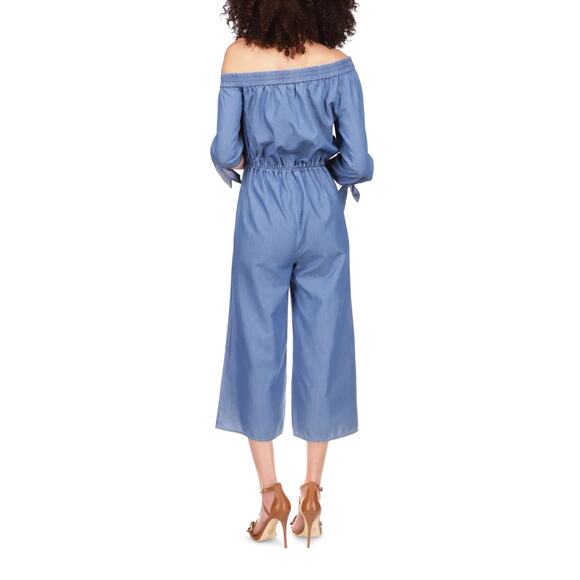 Michael Kors Women Blue Denim One Shoulder Wide Leg Cropped Jumpsuit Size XS - Picture 2 of 3
